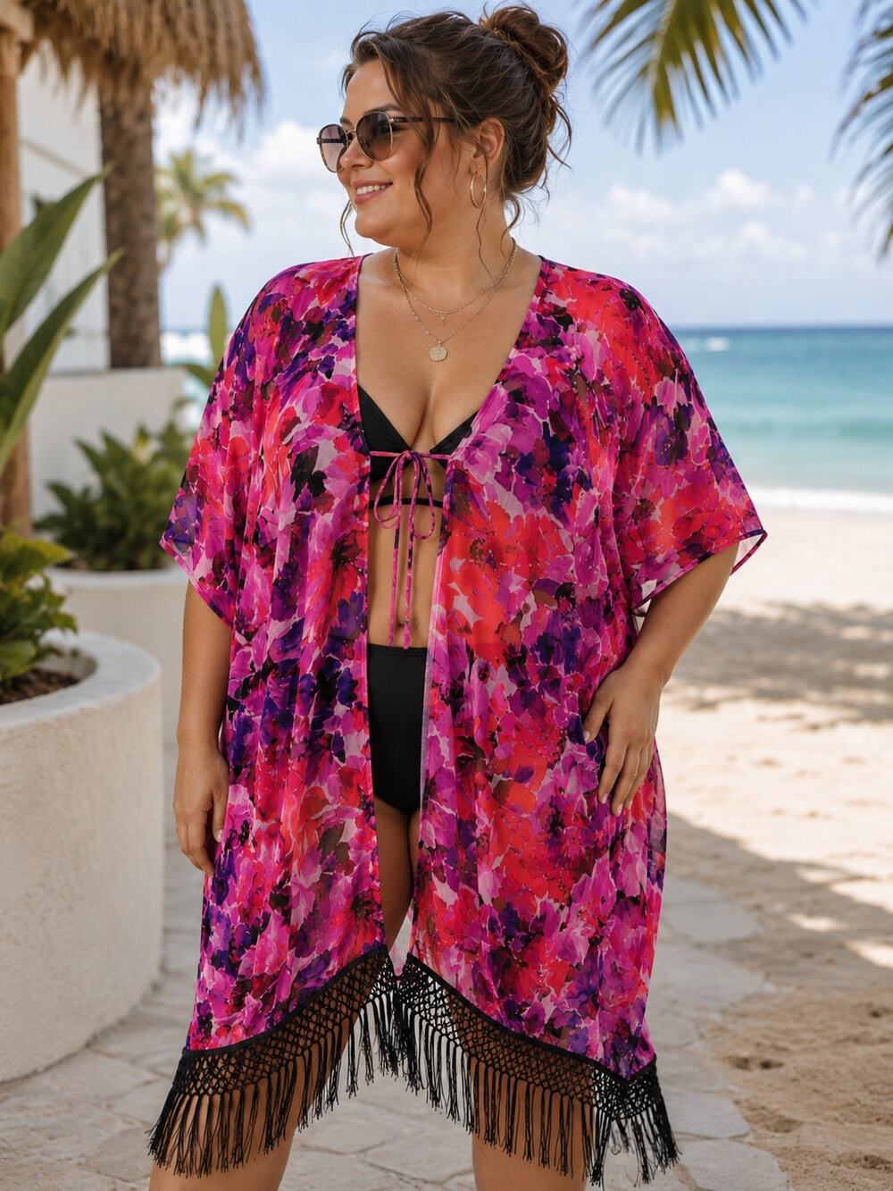 Catalina Floral Chiffon Swim Cover Up XL Pink Fringe Kimono Beach Open Front